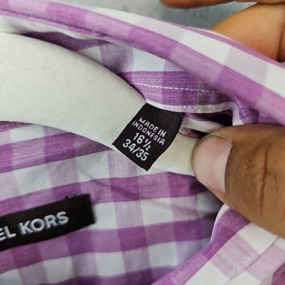Michael Kors Dress Shirt Mens Size 16.5 Purple/White Check 100% Cotton Designer - Picture 3 of 8